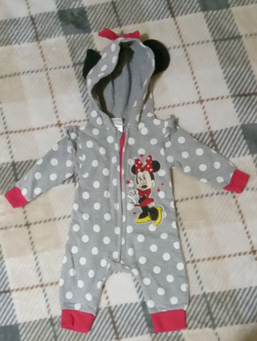 Disney Gray Polka Dot Minnie Mouse Hooded One-Piece with Pink Accents